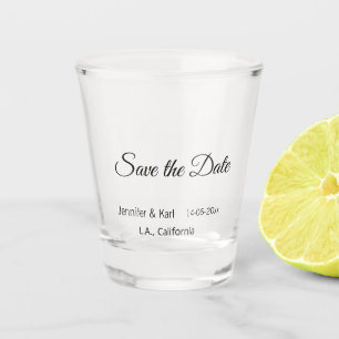 Save the date add couple name place date photo tex shot glass