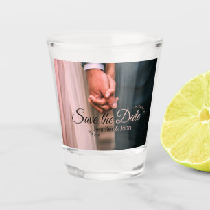 Save the date add couple name place date photo tex shot glass