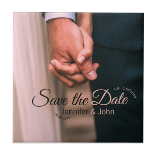 Save the date add couple name place date photo tex tile