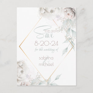 Save the Date   Alabaster White Watercolor Peonies Postcard