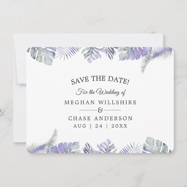 Save the Date Amethyst Watercolor Tropical Leaves (Front)