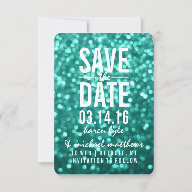 Save the Date | Aqua Lit Glitter Fab (Front)
