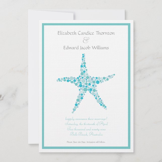 Save the Date Aqua Turquoise Starfish Announcement (Front)
