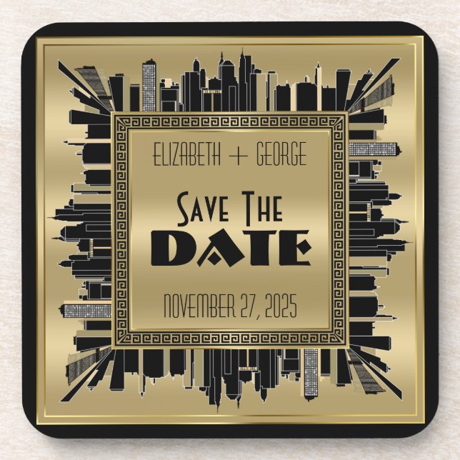 Save the Date Art Deco Gatsby Glamour Gold Black Coaster (Front)