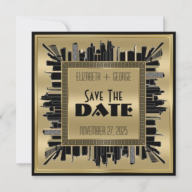 Save the Date Art Deco Gatsby Glamour Gold Black Invitation (Front)