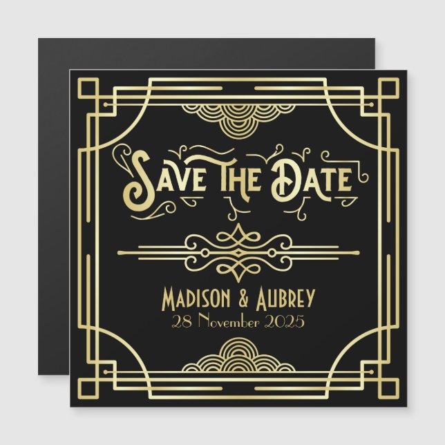 Save the Date Art Deco Gatsby Glamour Gold Black Magnetic Invitation (Front/Back)