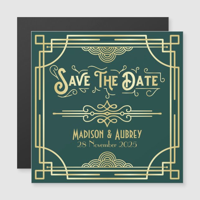 Save the Date Art Deco Gatsby Glamour Gold Green Magnetic Invitation (Front/Back)