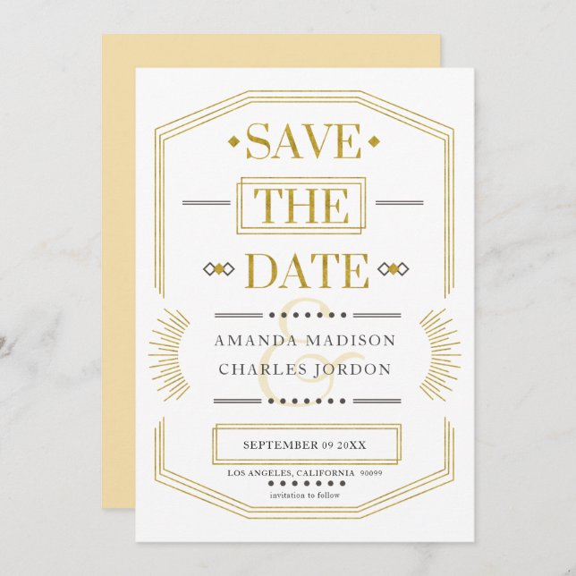 Save the date Art-deco geometric frame Invitation (Front/Back)