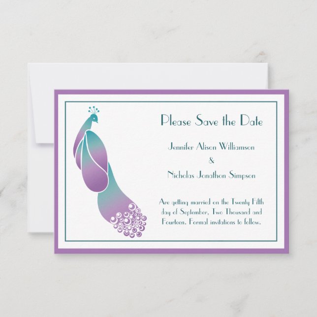 Save the Date Art Deco Peacock in Purples and Teal (Front)