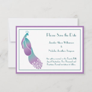 Save the Date Art Deco Peacock in Purples and Teal