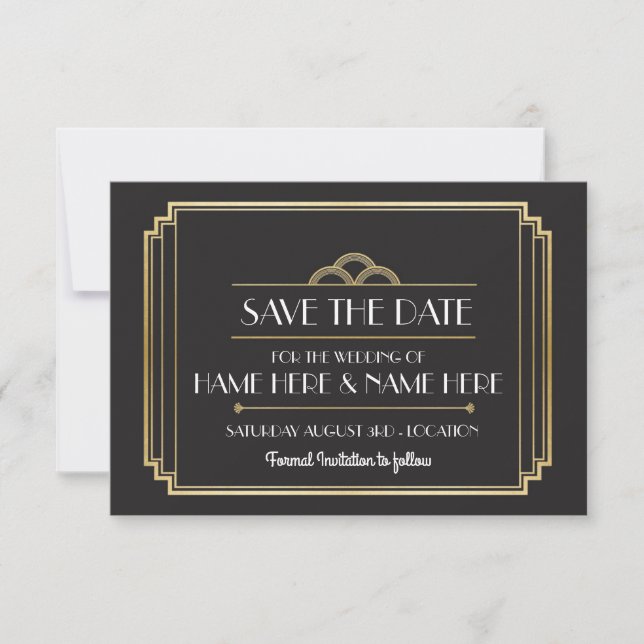 Save The Date Art Deco Wedding Party Gold Invites (Front)