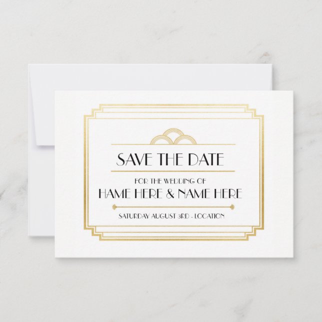 Save The Date Art Deco Wedding Party Gold Invites (Front)