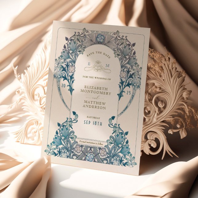Save the Date Art Nouveau Dusty Blue W Morris Invitation (Creator Uploaded)
