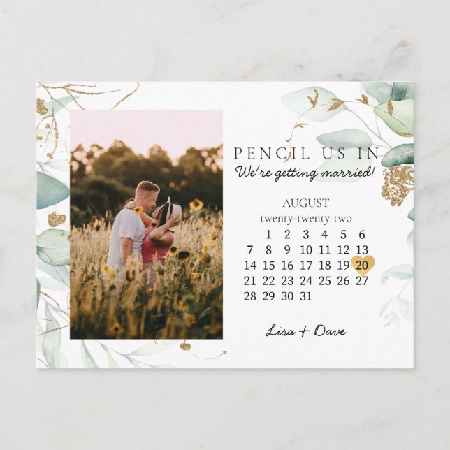 Save the Date August 2022 Botanical Elegant Gold Postcard (Front)