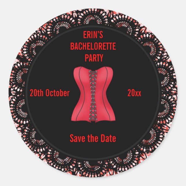 Save the Date Bachelorette Red Corset coaster Classic Round Sticker (Front)