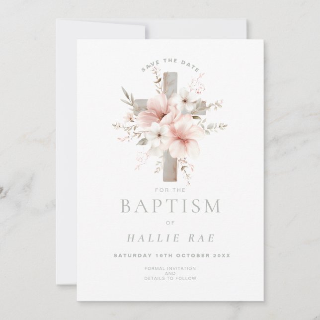 Save the Date Baptism, Elegant Pink Floral Invitation (Front)