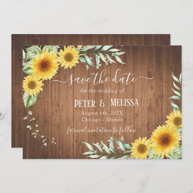 Save the Date Barn Wood Sunflower Announcement (Front/Back)