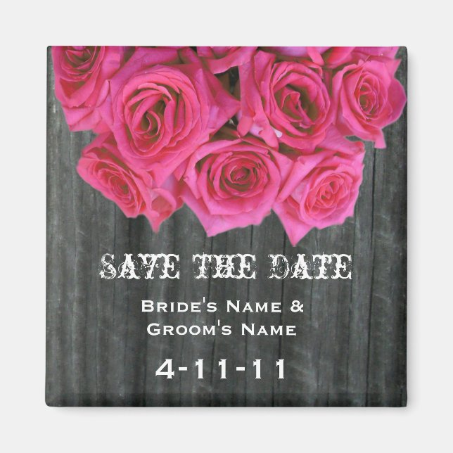 Save The Date - Barnwood & Hot Pink Roses Magnet (Front)