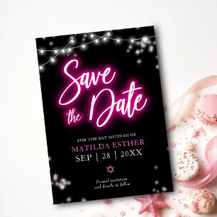 Save the Date Bat Mitzvah Hot Pink Neon Themed Invitation