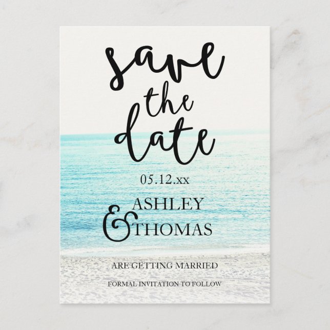 Save the Date beach photography typography wedding Announcement Postcard (Front)