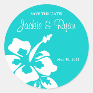 Save the Date Beach Wedding Stickers Hibiscus Blue