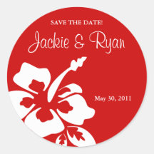 Save the Date Beach Wedding Stickers Hibiscus Red