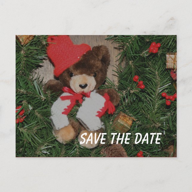 Save The Date Bear Wreath Holiday Postcard (Front)