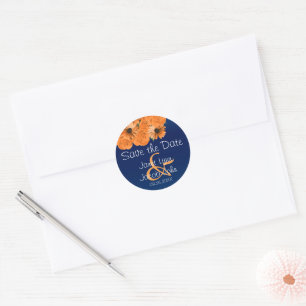 Save the Date -Beautiful Orange Rose and Navy Blue Classic Round Sticker