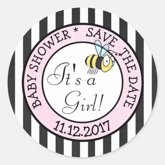 Save the Date, Bee Its a Girl Baby Shower Sticker (Front)