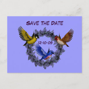 Save The Date Birds On Flower Wreath Postcard