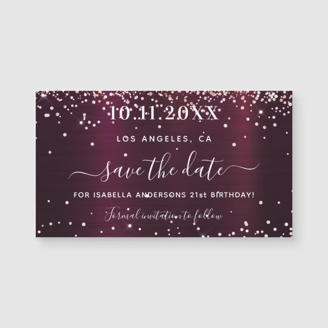 Save the date birthday burgundy sparkles magnet (Front)