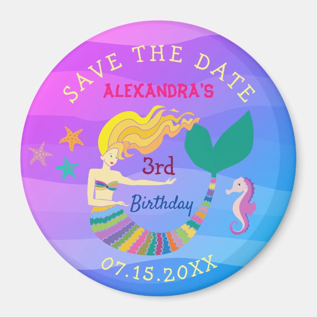 Save The Date Birthday Cute Mermaid Magnet (Front)