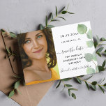 Save the date birthday eucalyptus greenery photo<br><div class="desc">A modern and elegant photo Save the Date card. A chic white background decorated with eucalyptus greenery.  Personalise and add your photo,  and details.</div>