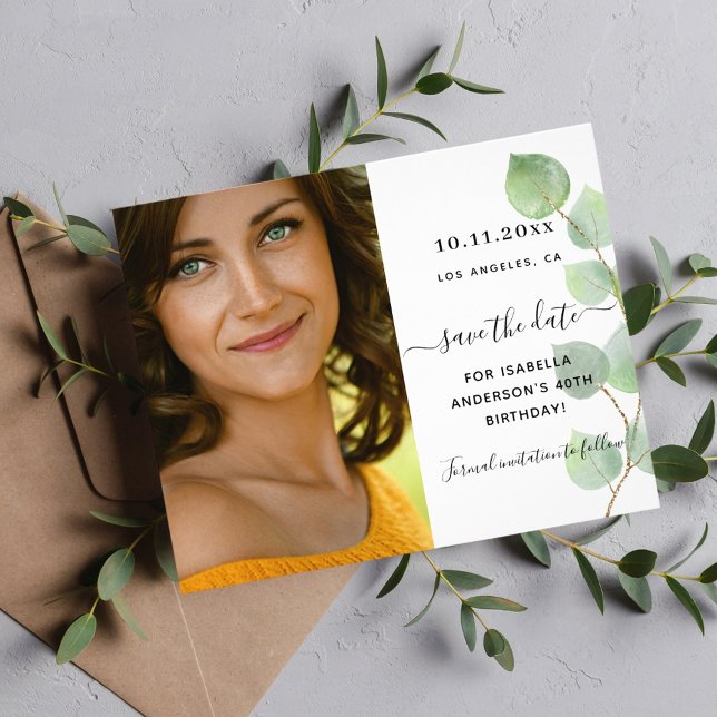 Save the date birthday eucalyptus photo budget flyer (Creator Uploaded)