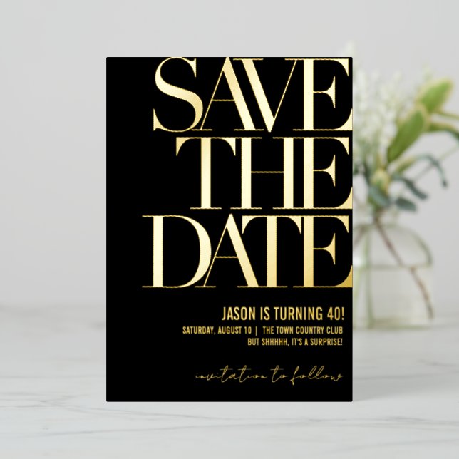 Save the Date Birthday Invite, Black & Gold Party  (Standing Front)