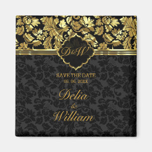 Save The Date- Black And Gold Damask Magnet