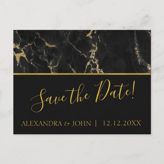 Save the Date Black and Gold Elegant Marble Announcement Postcard (Front)