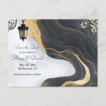 Save the date black and gold wedding announcement