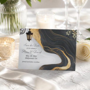 Save the date black and gold wedding announcement postcard