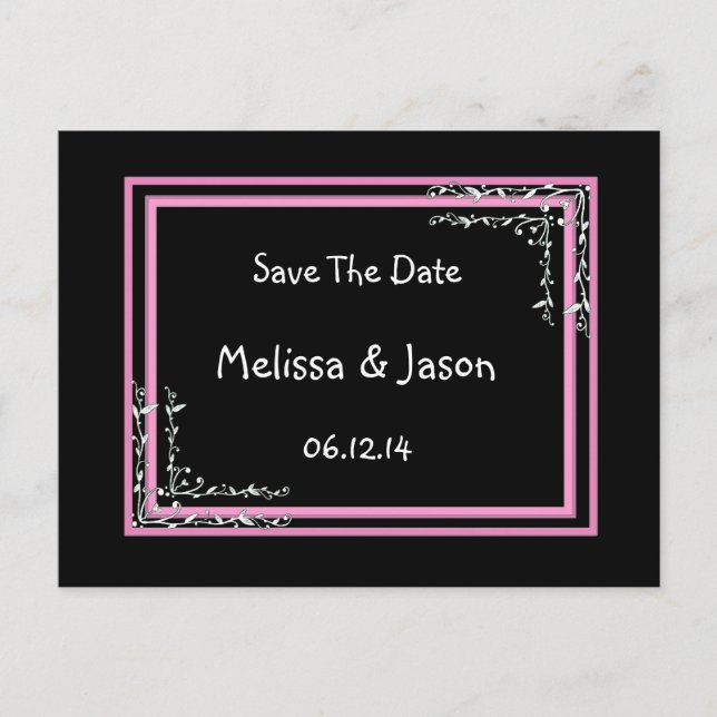 SAVE THE DATE - Black and Pink - Scroll Work Announcement Postcard (Front)
