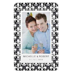 Save the Date Black and White Fleur de Lis Pattern Magnet