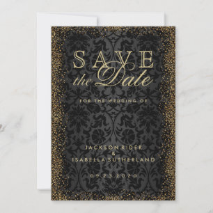 Save the Date Black Damask and Gold Confetti Glitt
