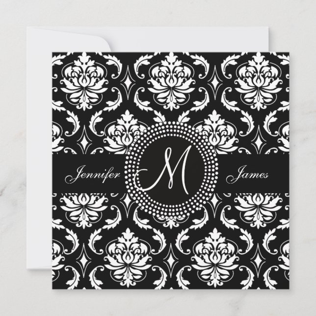 Save the Date Black Damask Monogram Announcement (Front)
