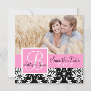 Save the Date Black Damask Monogram Names Pink
