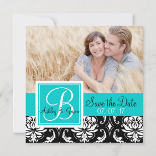 Save the Date Black Damask Monogram Names Teal