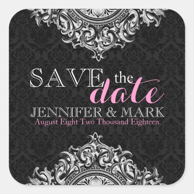 Save The Date Black Damasks & White Floral Lace Square Sticker (Front)