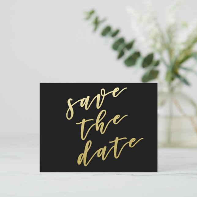 Save the date | Black & Faux Gold Script Postcard (Standing Front)
