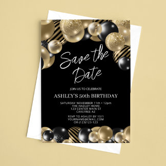 Save the Date Black Gold 50th Birthday Invitation