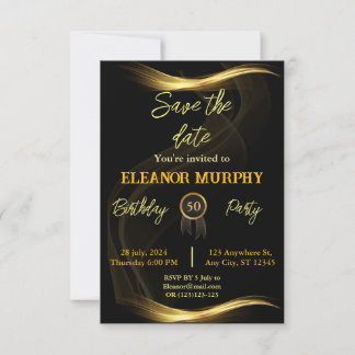 Save the Date Black Gold 50th Birthday Invitation