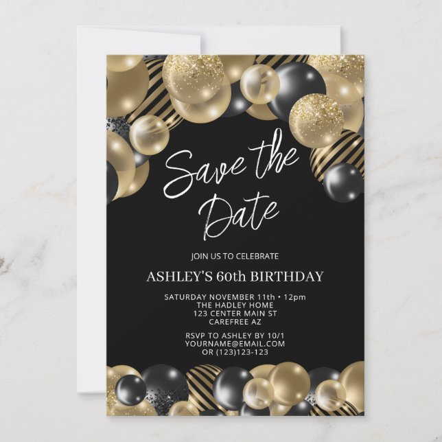 Save the Date Black Gold 60th Birthday Invitation (Front)